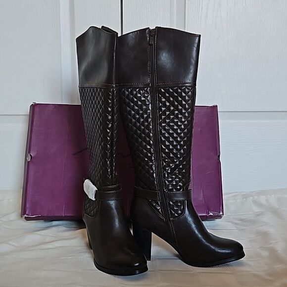 Mirage Collection Women's Faux Leather Quilted Heel Zip-Up Tall Boots Brown 8 - Picture 13 of 16